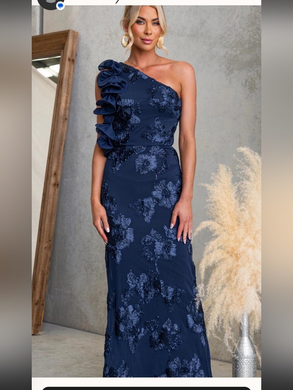 Saints and Secrets One-Shoulder Navy Floral Ruffle Evening Dress